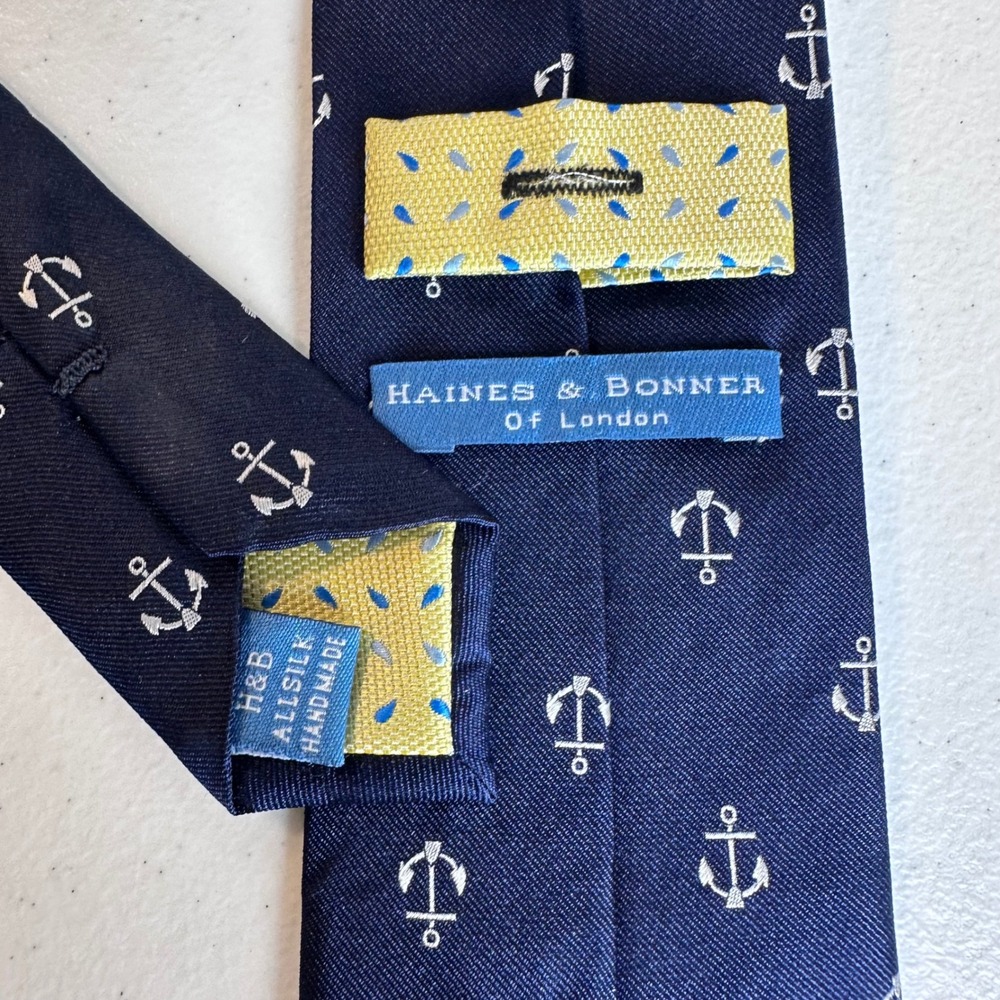 Haines & Bonner London Silk Tie Navy Anchor Pattern Classic Necktie